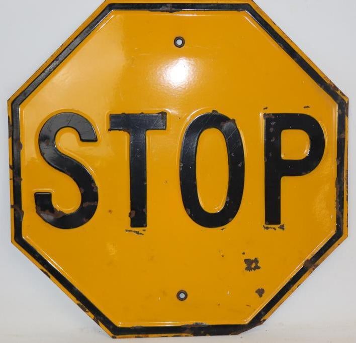 Yellow Porcelain Embossed Stop Sign (1 of 2)