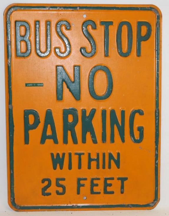 1942 Bus Stop No Parking Embossed Stamped Steel Road Sign (1 of 4)