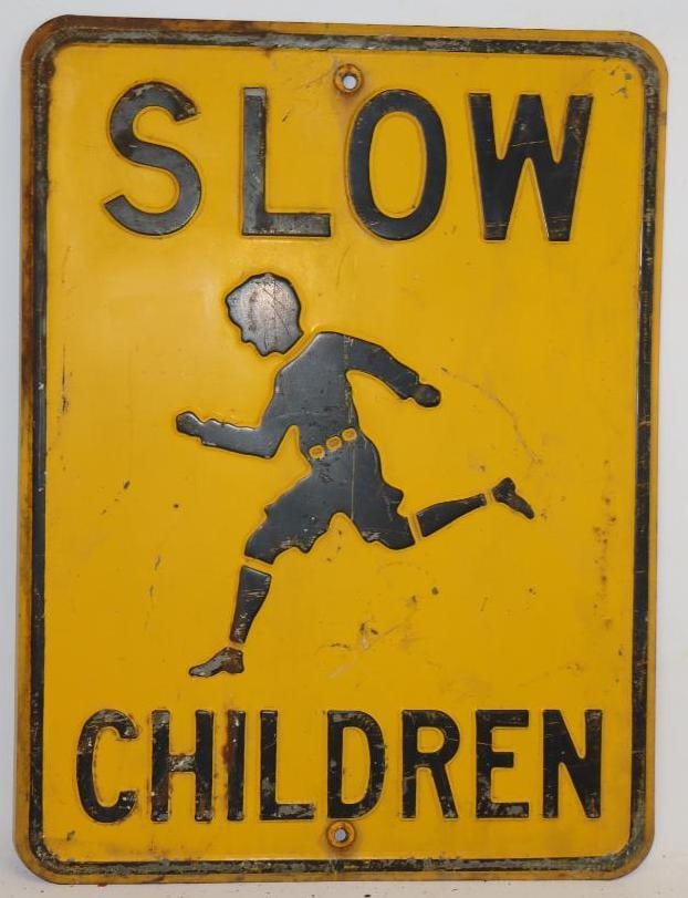 Embossed Stamped Steel Slow Children Road Sign: 18" x 24"