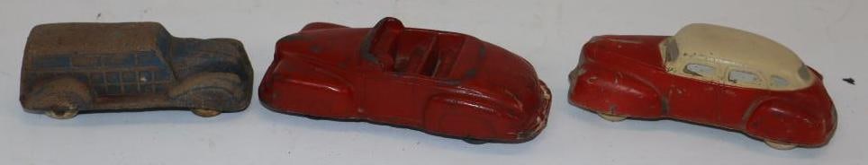 Group of 3 Auburn and Sun Rubber Toy Cars: Largest is 4.5" x 2" x 1.5"