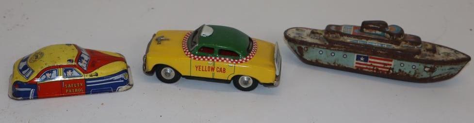 Group of 3 Tin Toy Taxi Cars and Boat (1 of 4)