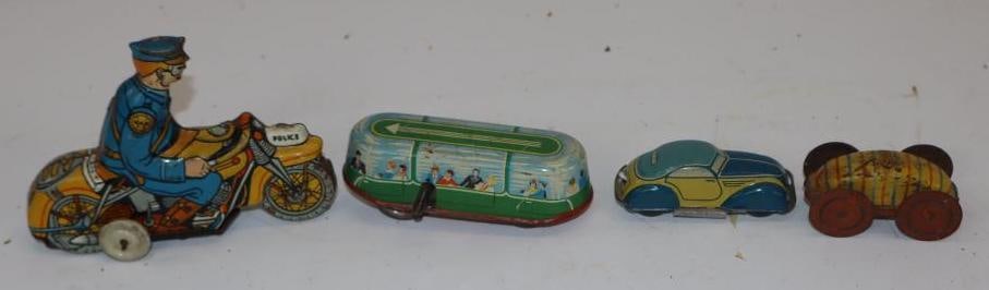 Group of 4 Tin Wind-Up Toy Cars and Police Motorcycle (1 of 4)