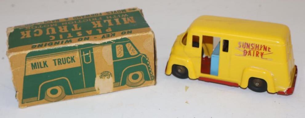 All Metal Products Wyandotte Plastic Toy Milk Truck in Original Box: Working Friction Toy. 5" x 2.25" x 2.25"