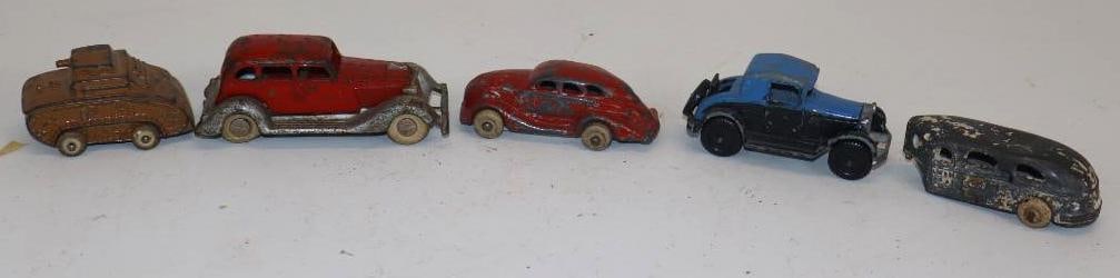 Group of 5 Diecast Toy Cars, Busses, and Tanks: Largest is 4" x 1.5" x 1.5"