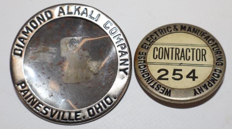 Group of 2 Diamond, Alkalie, and Westinghouse Mfg Employee and Contractor Pin Back Badges: largest 2" x 2"