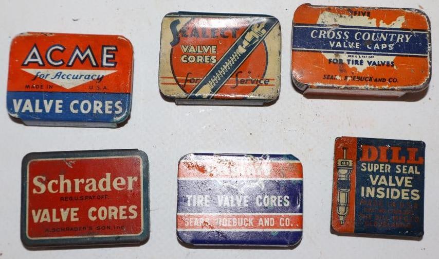 Group of 6 Different Advertising Tire Valve Core Tins (1 of 2)