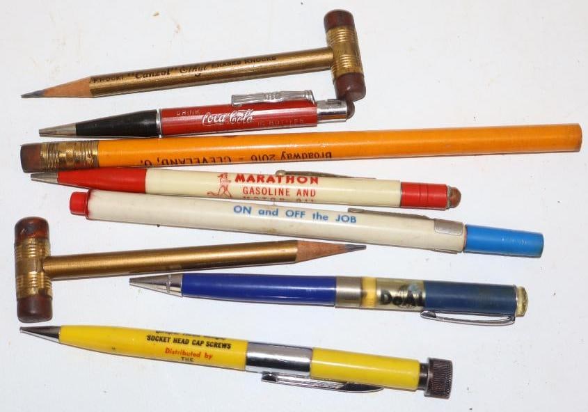 Group of 8 Chevrolet, Coke, and Gas and Oil Advertising Pens and Pencils: largest 7.5"