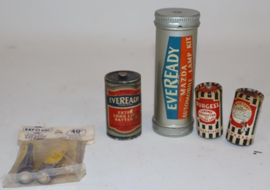 Group of 5 Vintage Batteries and EverReady, Mazda Automobile Lamp Container: largest 1.5" x 1.5" x 4.5"