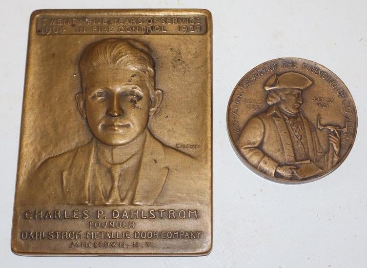 Group of 2 1921 & 1929 Cleveland & Dahlstrom Metallic Door Company Brass Commemorative Paperweights: largest 4" x 3"