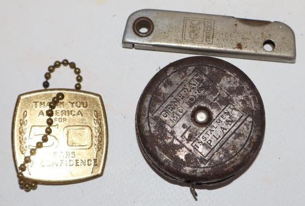 Group of 3 Chevrolet and GMC Advertising Keychain, Measuring Tape, and Pocketknife: largest 1.5" x 1.5"