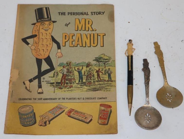 Group of 4 Planters Mr. Peanut Advertising Spoons, Pencil, and Comic Book: largest 10" x 7"