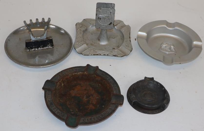 Group of 5 Ford Westinghouse City of Detroit and Other Metal Advertising Ashtrays: largest 5" x 5" x 3.5"