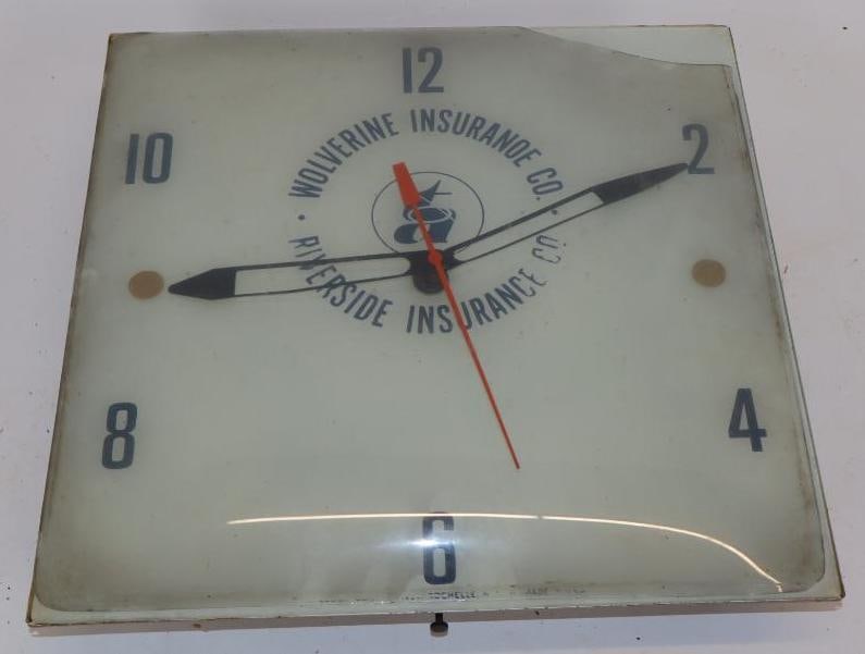 Wolverine Insurance Company Advertising Clock: 15" x 15" x 4", clock face is not attached and is chipped