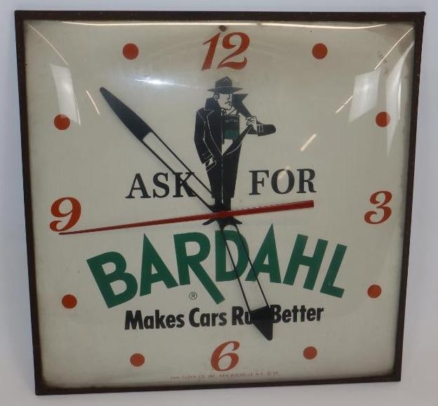 Bardahl Glass Faced PAM Advertising Clock: 15.25" x 15.25" x 2.5" It is missing the cord.