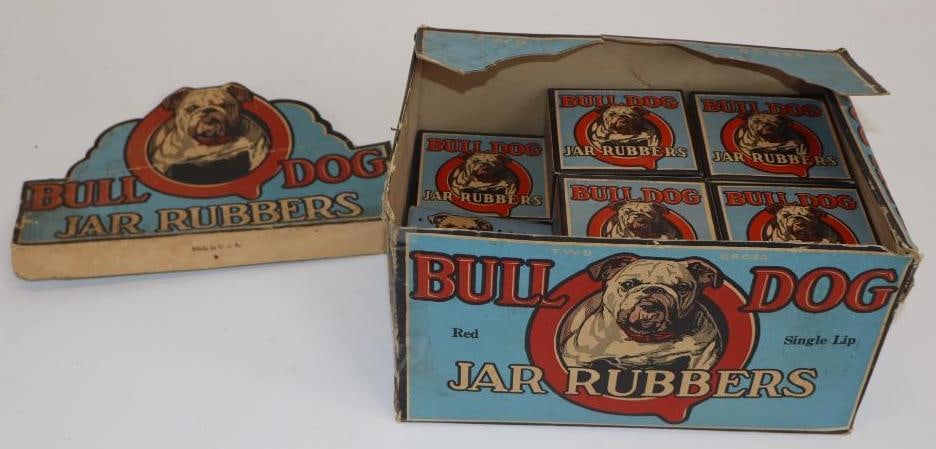 Bulldog Jar Rubbers Cardboard Countertop Display: It has 16 units included. 10" x 7" x 5.5". The header sign is not attached.