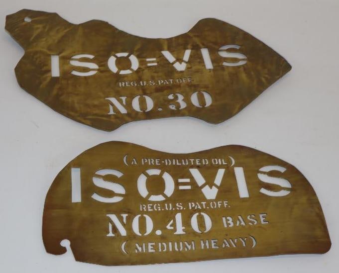 Group of 2 Brass Standard Iso-Vis Oil Barrel Stencils: Largest is 18" x 11"