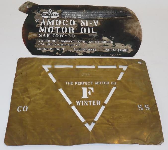 Group of 2 Standard for Ford and Amoco Brass and Plastic Oil Barrel Stencils: Largest is 16" x 12"