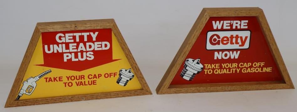 Group of 2 Getty Wood Framed Double Sided Metal Gasoline Signs (1 of 4)