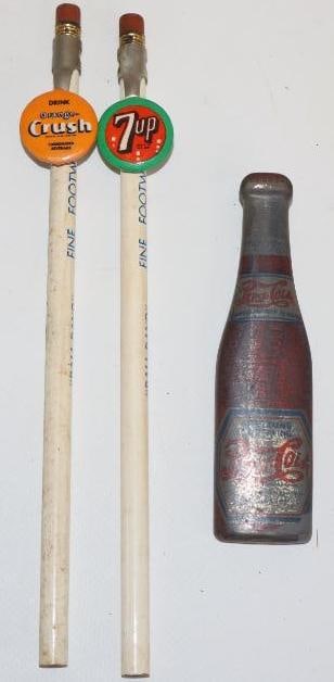 Group of 3 7Up, Crush, and Pepsi Cola Pencil Toppers and Openers: Largest is 4" x 1"