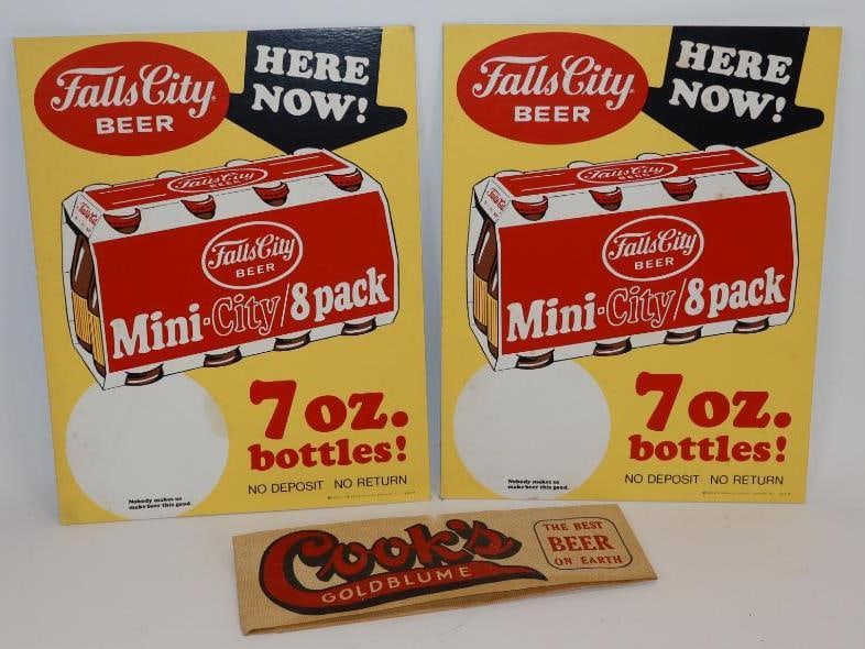 Group of 3 Falls City and Cooks Beer Advertising Easelback Signs and Paper Hat: Largest is 13.5" x 10.5"