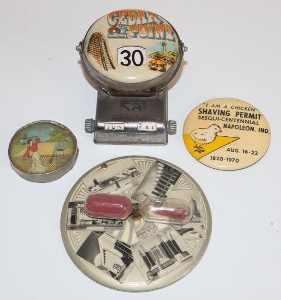 Group of 4 Chicago Worlds Fair Hour Glass, Cedar Point Calendar, and Other Advertising Souvenirs: Largest is 3.5"x 3.5"