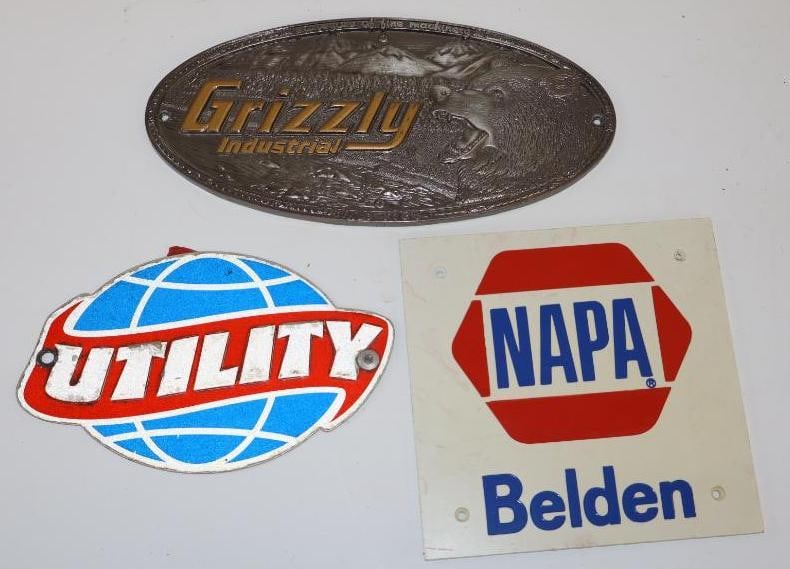 Group of 3 Utility, Napa, and Grizzly Industrial Name Plates: Largest is 9" x 4.5"