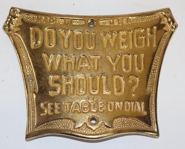 Curved Brass Scale Sign Plate "Do You Weigh What You Should": 8" x 6"