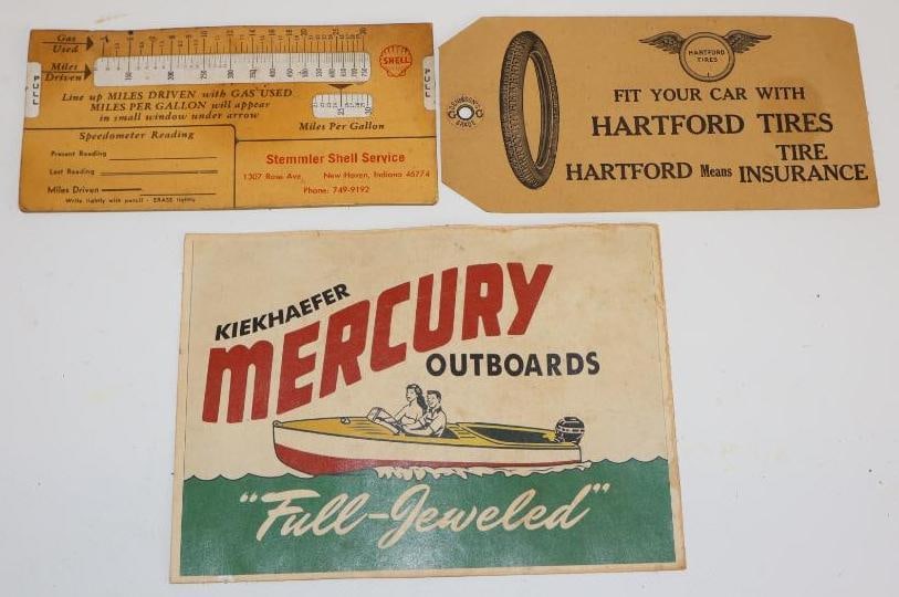 Group of 3 Hartford Tires, Shell Gas, and Mercury Outboards Tag, Slide Ruler, and Decal (1 of 5)