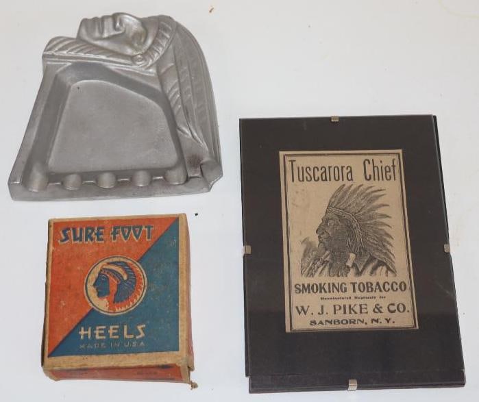 Group of 3 Indian Chief Ashtray, Sure Foot Heels, and Tuscora Advertisements (1 of 5)