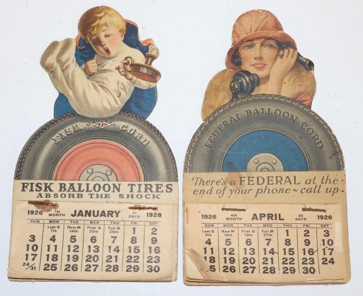 Group of 2 1926 Fisk and Federal Balloon Tire Easel Back Desktop Calendars: 3" x 5.5" each