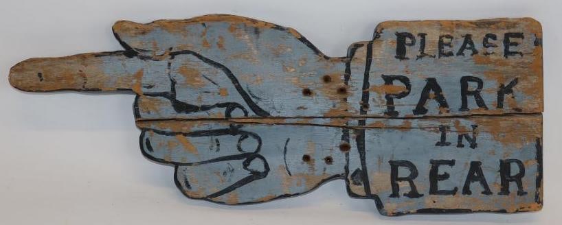 "Please Park in Rear" Finger Pointer Wooden Sign: 24" x 9" x 2"