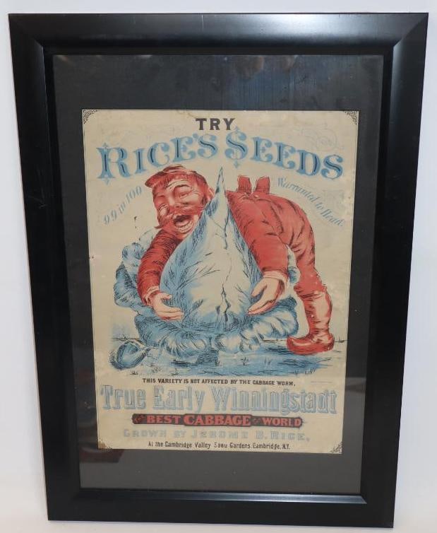 Rice's Seeds Framed Advertising Paper Sign: 21" x 15"