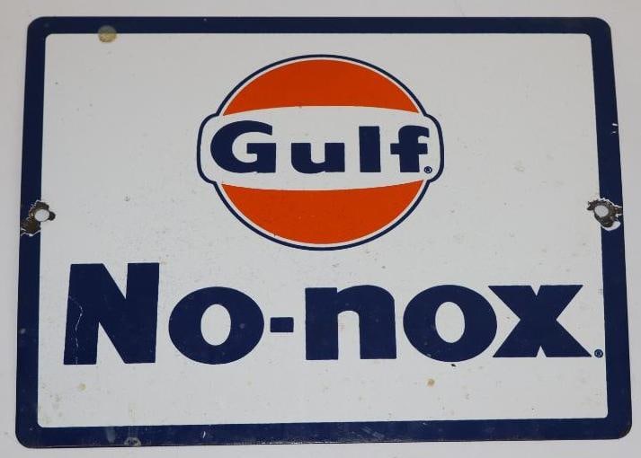 Gulf No-Nox SSP Porcelain Pump Plate Sign: 11.25" x 8.5"