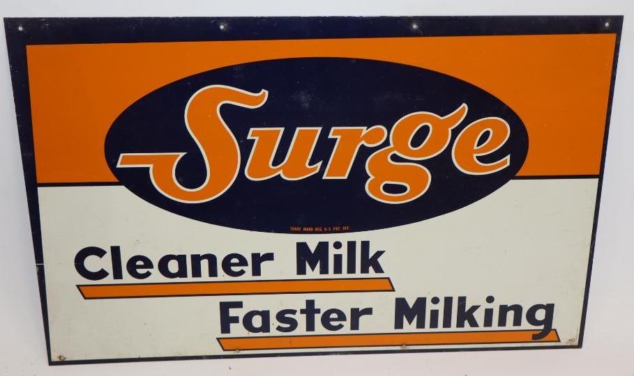 Surge "Cleaner Milk & Faster Milking" Single Sided Tin Sign: 19" x 12". Marked A.C. Co
