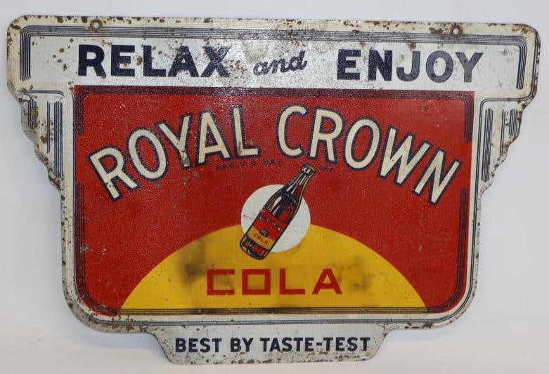 Royal Crown Cola "Relax and Enjoy" DST Die Cut Sign: Marked AM 5-40. It has pitting and wear throughout. 24" x 16"