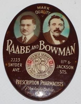 Raabe and Bowman Prescription Pharmacist Philadelphia Advertising Pocket Mirror: 2" x 2.75"