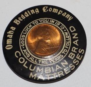 1910 Omaha Bedding Company Lucky Penny Advertising Pocket Mirror: 1.75" x 1.75"