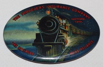 Traveler's Insurance Company with Railroad Scene Advertising Pocket Mirror: 2.25" x 1.5"