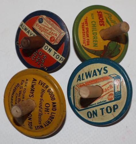 Group of 4 Oleomargarine, Cracker Jack, and Paul Parrot Advertising Toy Tops: 1.5" x 1.5" x 1.25" each