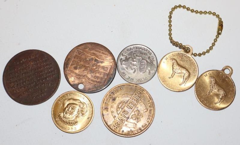 Group of 7 Green River, Falstaff, Seagram's, and Other Advertising Tokens and Keychain Tags: largest 1.5" x 1.5"