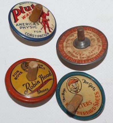 Group of 4 Robinhood, Weatherbird, Pluto Water, and Other Advertising Tops: largest 1.5" x 1.5" x 1.25"