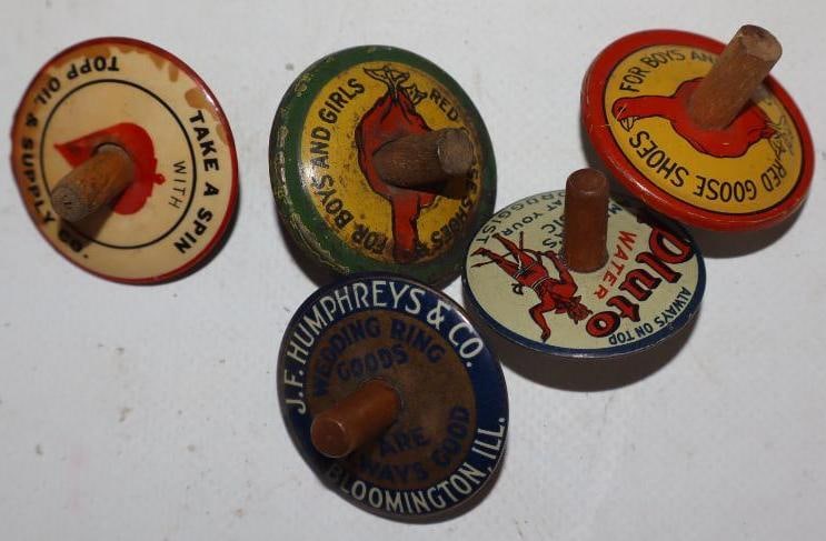 Group of 5 Red Goose, Pluto Water, Wedding Ring Goods, and Topp Oil Advertising Tops: largest 1.5" x 1.5" x 1.25"