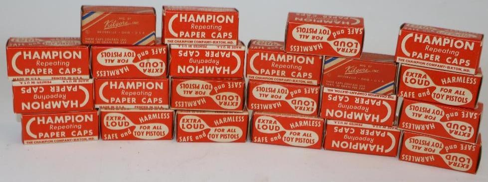 Group of 22 Champion Repeating Paper Caps in Original Boxes: 2.25" x 1" x 1" each