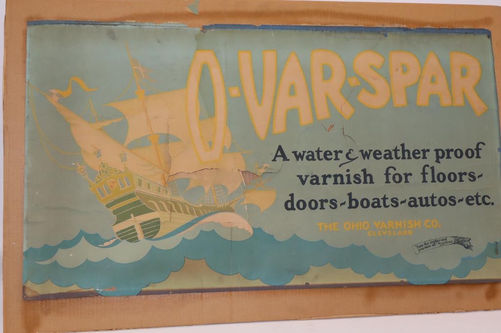O-Var-Spar Weatherproof Varnish Advertising Sign: Paper Mounted on Cardboard. 43" x 24". It has some rips and tears.