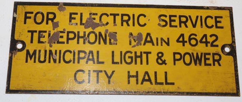 Municipal Light and Power Metal Advertising Sign: 6" x 2.5"