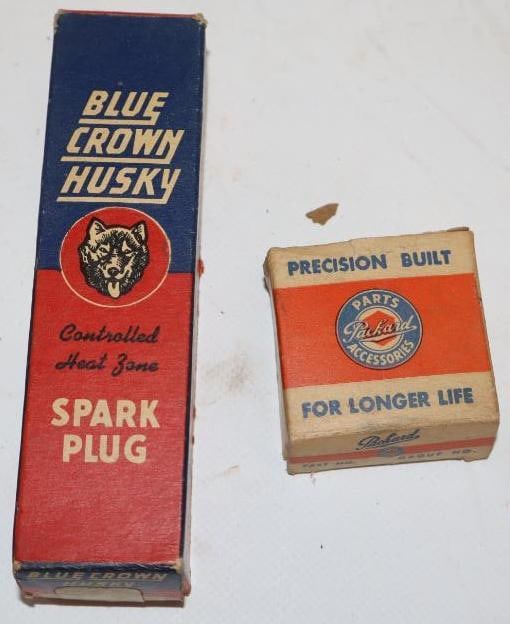 Group of 2 Blue Crown Husky and Packard Spark Plug and Ignition Parts with Boxes (1 of 2)
