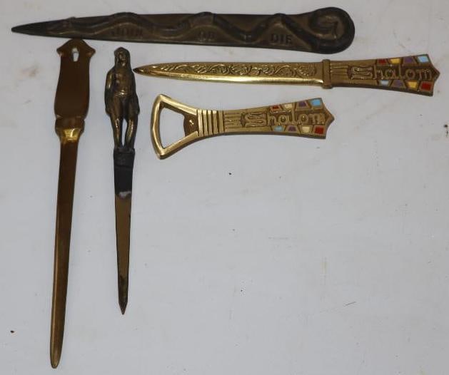 Group of 5 Brass Letter and Bottle Openers: Largest is 1.25" x 9"