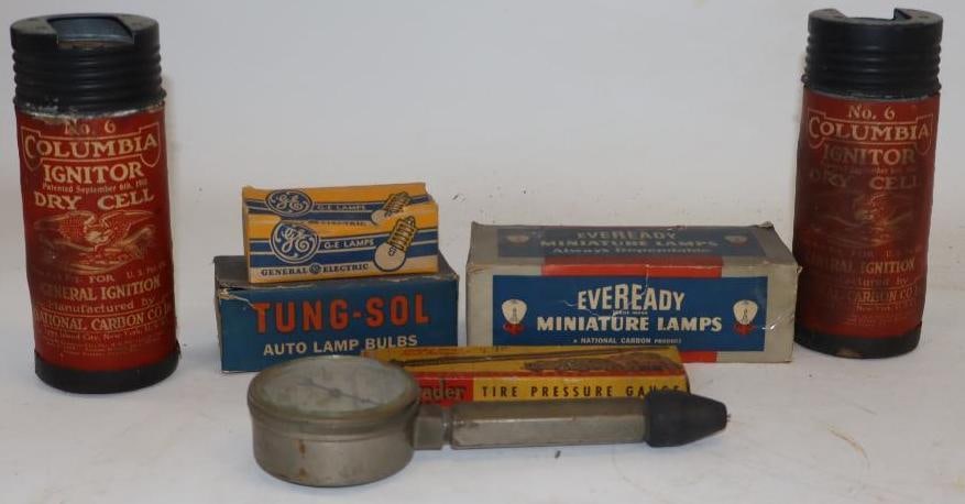 Group of 7 Early Automobile Light Bulbs, Ignition Coils, Compression Tester (1 of 6)