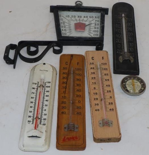 Group of 6 Wood and Metal Advertising Thermometers: Largest is 8" x 6" x 1"