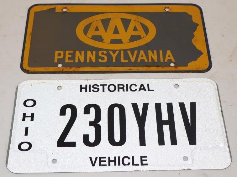 Group of 2 AAA PA Booster and OH Historical License Plates: 12" x 6" each